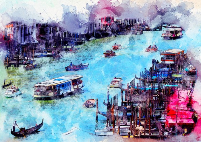 Venice Boats Ship Art Watercolor Nature Vintage 